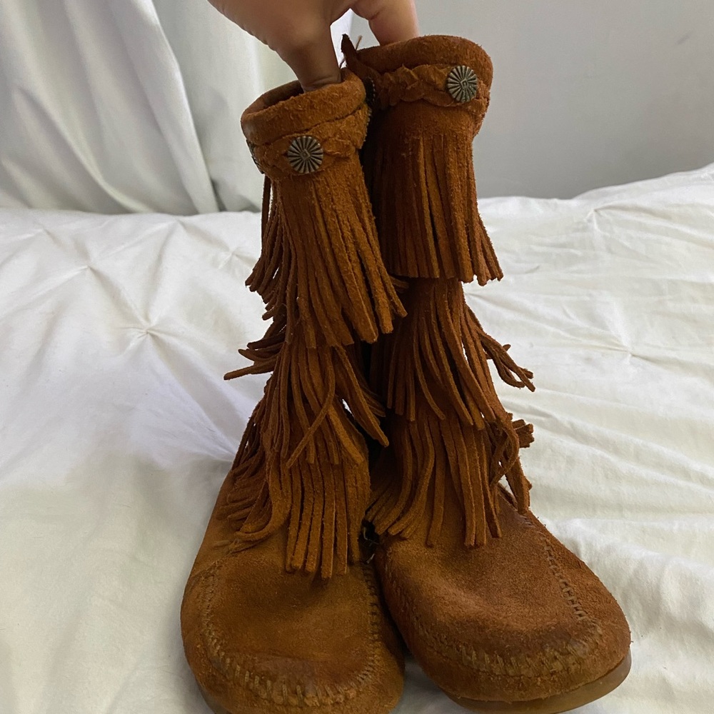 Minnetonka Kids Brown Suede Fringe Moccasin Boots